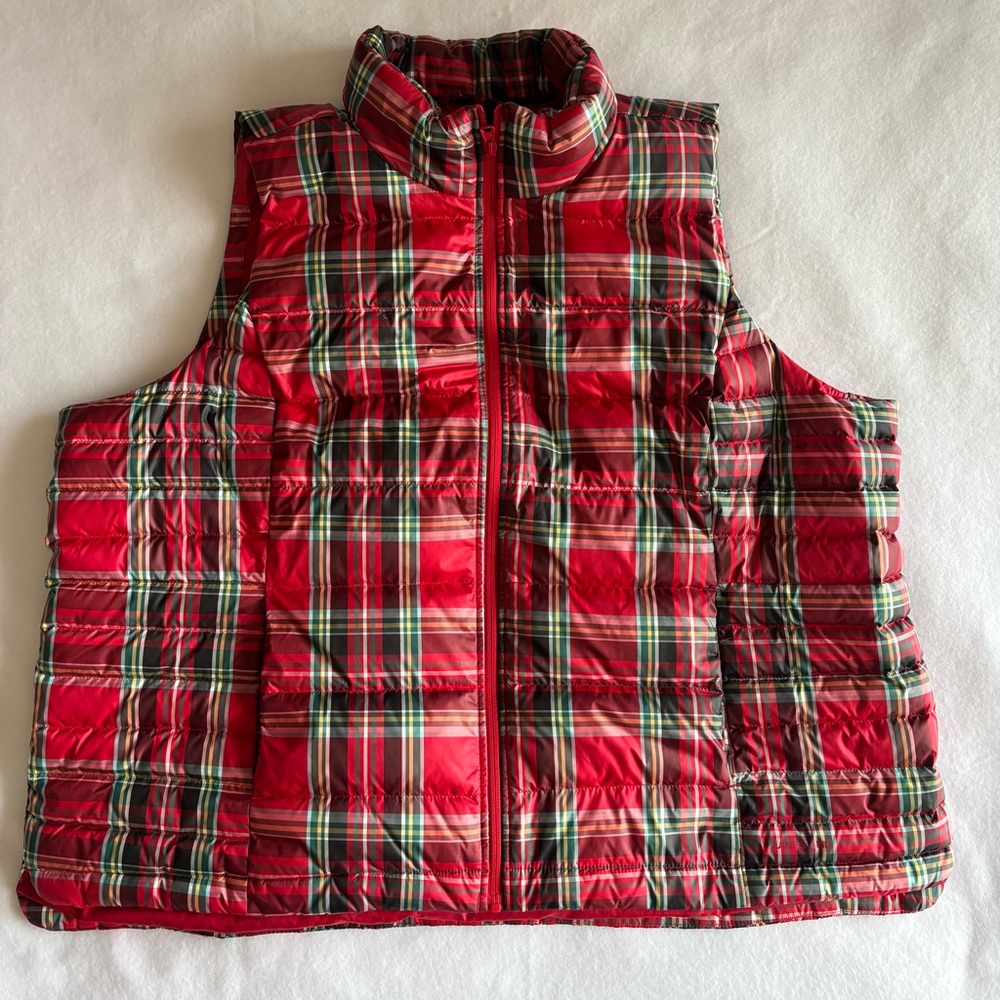 Lands’ End Women’s Plaid Puffer Vest Red Green Tartan Zip Sleeveless 2X